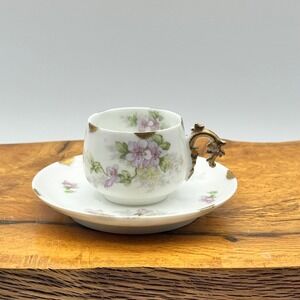 Elite Works Limoges France Antique Demitasse Cup Saucer Floral Gold Gilt Set